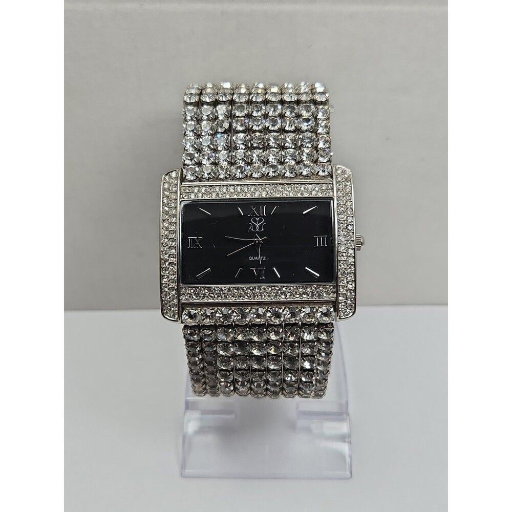 Suzanne Somers Womens Silver Tone Pave Crystal Wide Watch Black Dial New Battery